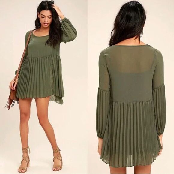 Lulus Dresses & Skirts - Lulus Olive Green Pleated Long Sleeve Swing Dress